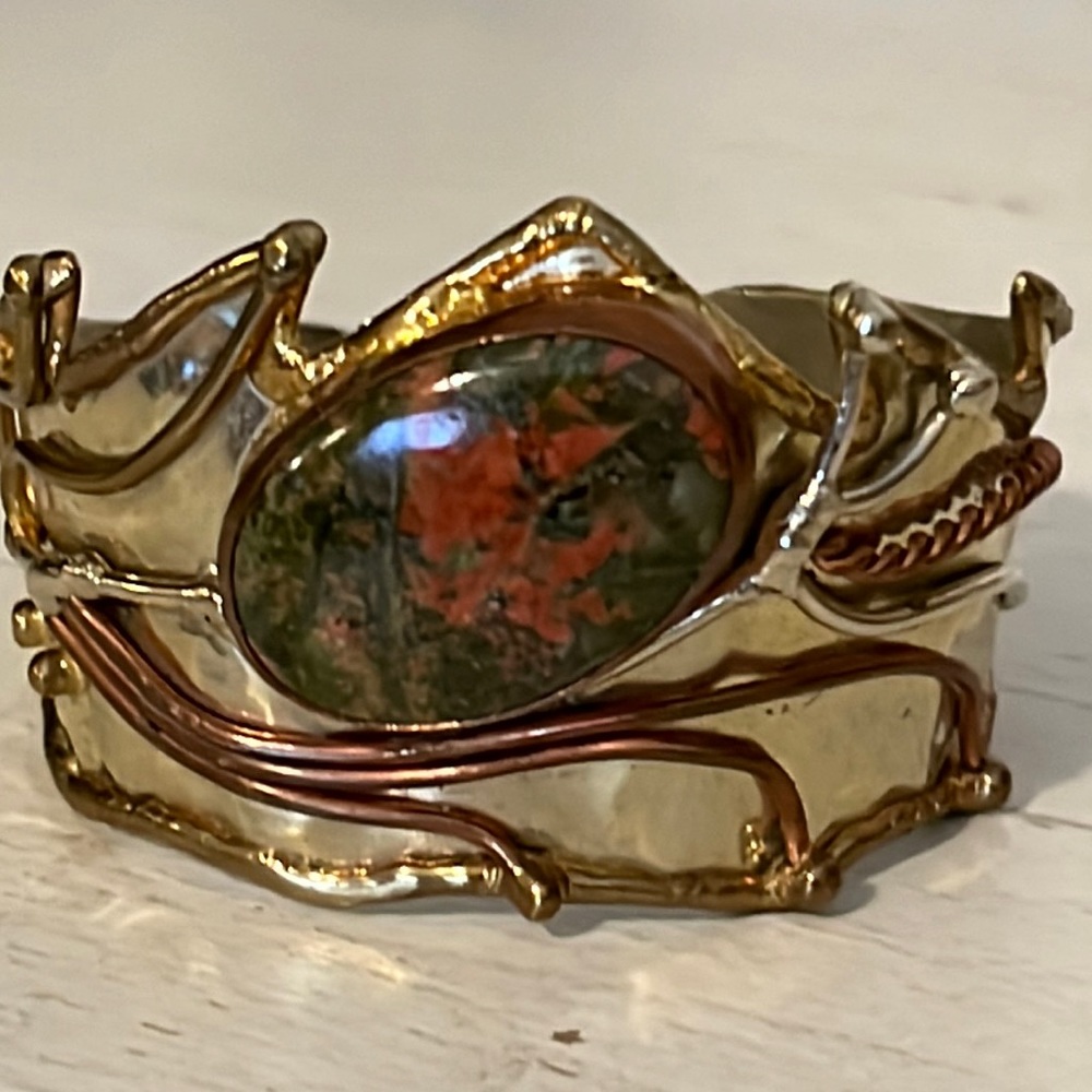 Silver brass copper green quartz handmade brutalist cuff bracelet